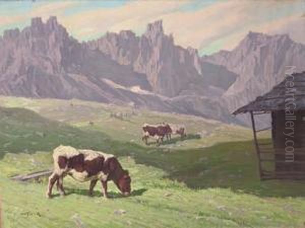 Cows Grazing In A Mountanious Landscape Oil Painting by Rudolph Jelinek