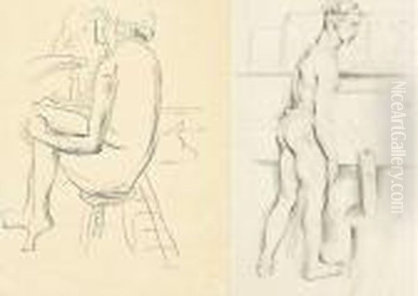 A Seated Female Nude And A Male Life Study (a Pair) Oil Painting by Mainie Harriet Jellett