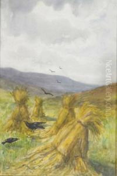 Crows Among The Barley Stooks Oil Painting by Mainie Harriet Jellett