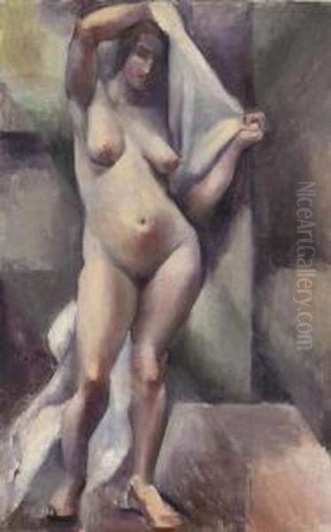 Standing Female Nude Holding A White Drape Oil Painting by Mainie Harriet Jellett