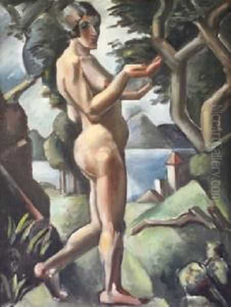 Cubist Nude In Landscape (c.1921) Oil Painting by Mainie Harriet Jellett