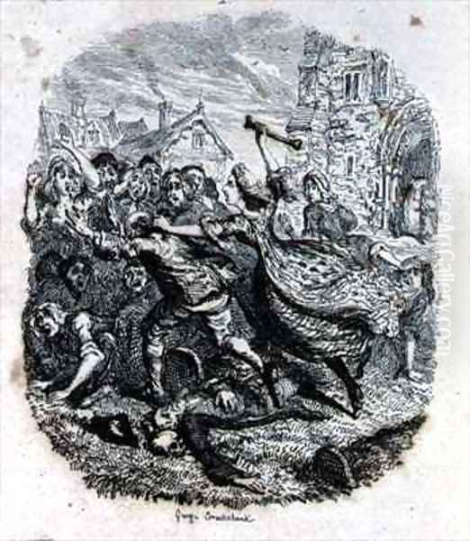 The Battle Royal in the Church Yard Oil Painting by George Cruikshank I