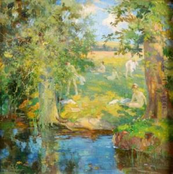 Figures Bathing In A Woodland Pool Oil Painting by Arthur Henry Jenkins