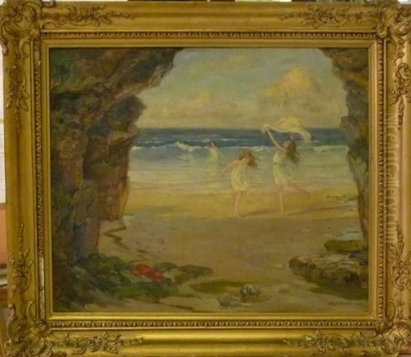 Lekande Flickor Pa Strand. Oil Painting by Arthur Henry Jenkins