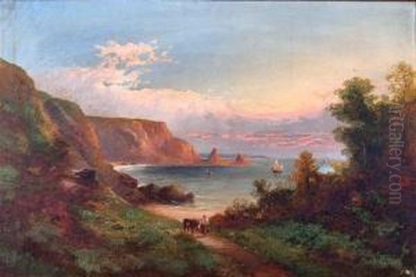 A Lady And Donkey On A Coastal Path In An Extensive Coastal 
Landscape With Fishing Boats On The Water, Probably Torbay, South 
Devon Oil Painting by George Henry Jenkins