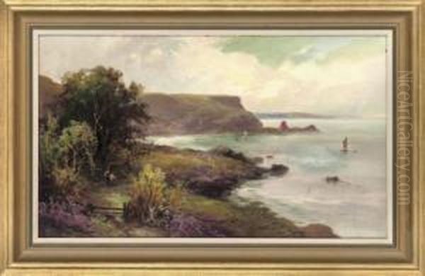 Looking Out To Sea From The 
Cliffs, Torbay, South Devon; Anstey's Cove, Torquay, South Devon; And 
Babbacombe Pier, South Devon Oil Painting by George Henry Jenkins