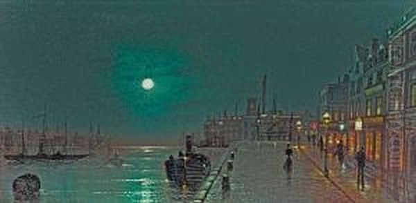 Dock Scene By Moonlight Oil Painting by Wilfred Jenkins