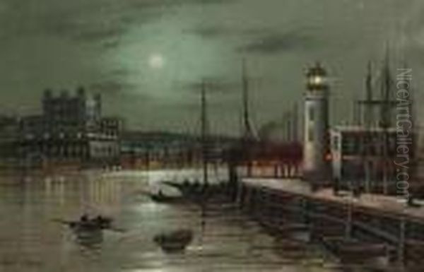 Scarborough Harbour By Moonlight Oil Painting by Wilfred Jenkins