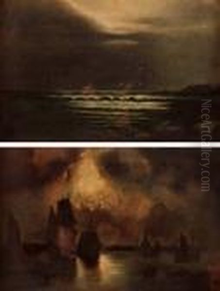 Moonlit Harbour Scene And Moonlit Seascape Oil Painting by Wilfred Jenkins