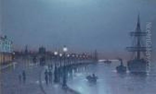 Moonlit View Of Liverpool Oil Painting by Wilfred Jenkins