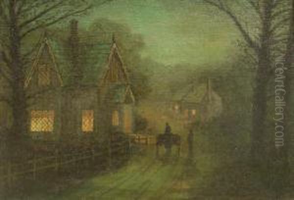 Cottages By Moonlight Probably Roundhay Leeds Oil Painting by Wilfred Jenkins