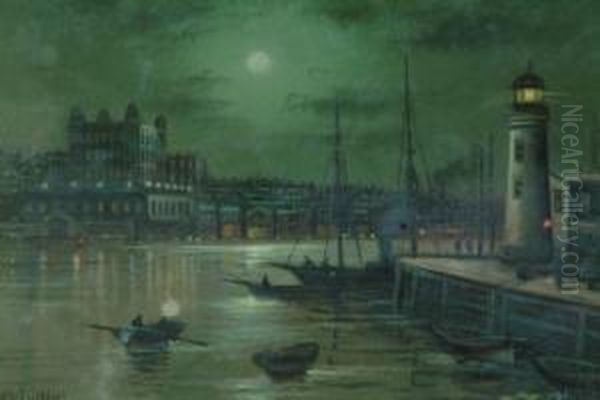 Scarborough Harbour By Moonlight Oil Painting by Wilfred Jenkins