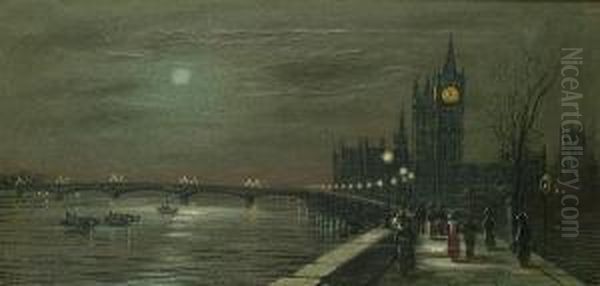 The Houses Of Parliament By Moonlight; The Thames By Moonlight Oil Painting by Wilfred Jenkins