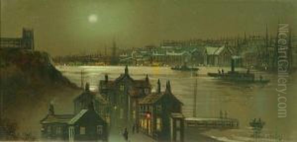 Whitby Harbour By Moonlight; Scarborough Beach By Moonlight Oil Painting by Wilfred Jenkins