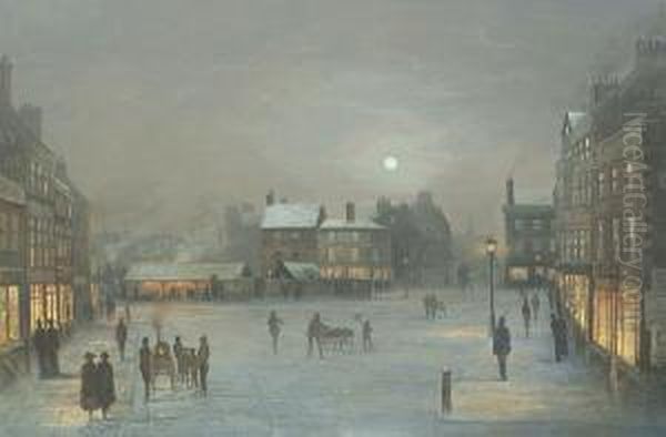 A Moonlit Street Scene Oil Painting by Wilfred Jenkins