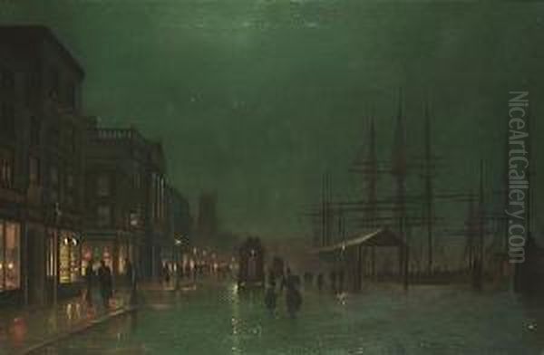 Liverpool Docks By Moonlight Oil Painting by Wilfred Jenkins