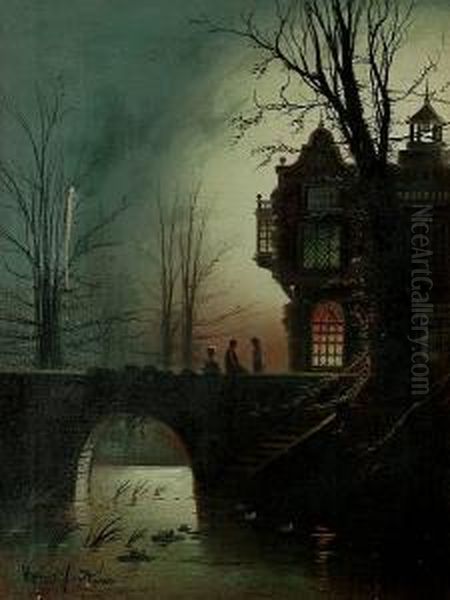 Figures On A Bridge By Moonlight; And A Village Street By Moonlight Oil Painting by Wilfred Jenkins