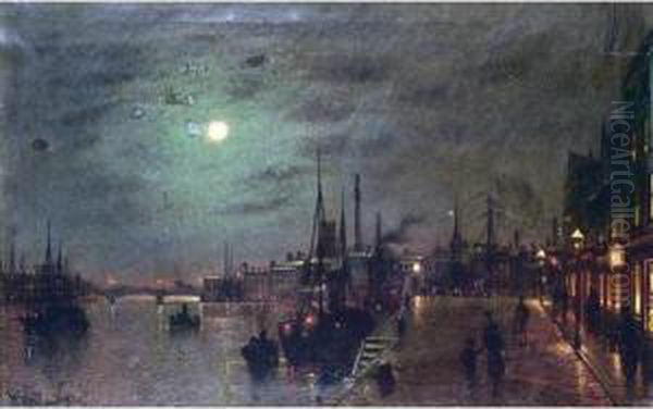 Harbour Scene At Night Oil Painting by Wilfred Jenkins