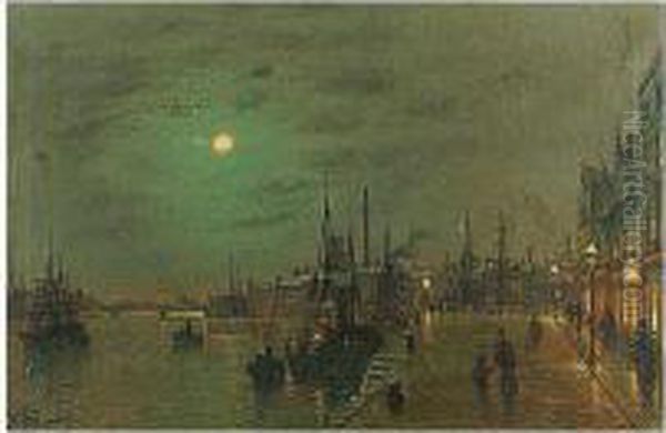 Fl. -, Harbour Scene At Night, Oil On Canvas, 42 By 61 Cm.; 16i By 24 In Oil Painting by Wilfred Jenkins