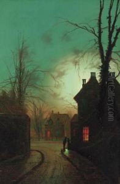 Figures On The Corner Of A Moonlit Street; And Figures On A Moonlitlane Oil Painting by Wilfred Jenkins