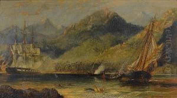 A British Naval Frigate Engaging A Pirate Vessel In Caribbean Waters Oil Painting by Isaac Walter Jenner