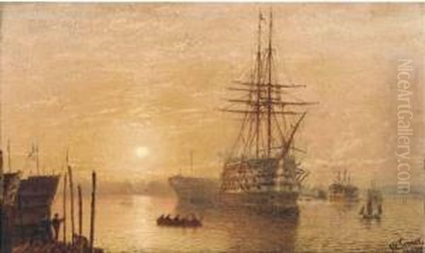 Victory Lying On Her Permanent Mooring At Portsmouth Atdusk Oil Painting by Isaac Walter Jenner