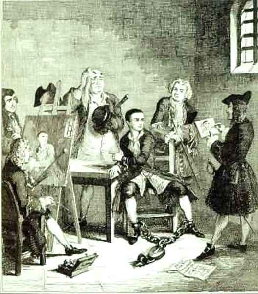 Jack in Newgate Ward having portraits taken by Sir James Thornhill and William Hogarth Oil Painting by George Cruikshank I