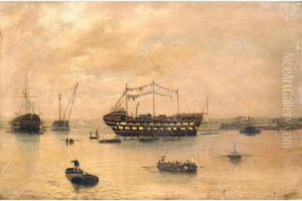 A Prison Hulk, Possibly The Stirling Castle, Moored At Plymouth; And A Prison Hulk Oil Painting by William Jenner