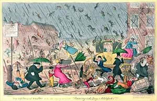 Very Unpleasant Weather or the Old Saying verified Raining Cats Dogs and Pitchforks Oil Painting by George Cruikshank I