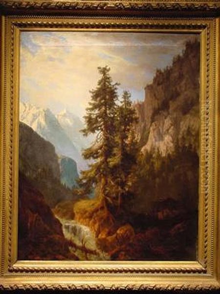 Alpine River With Jungfrau In The Distance Oil Painting by Arnold Jenny