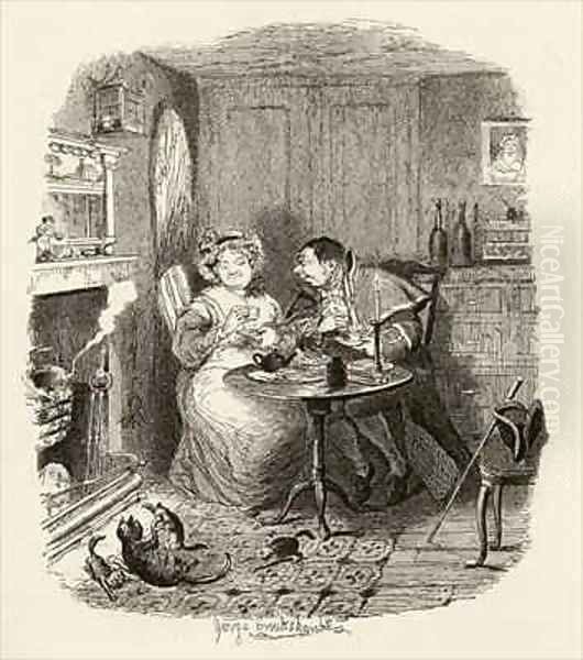 Mr Bumble and Mrs Corney taking tea Oil Painting by George Cruikshank I