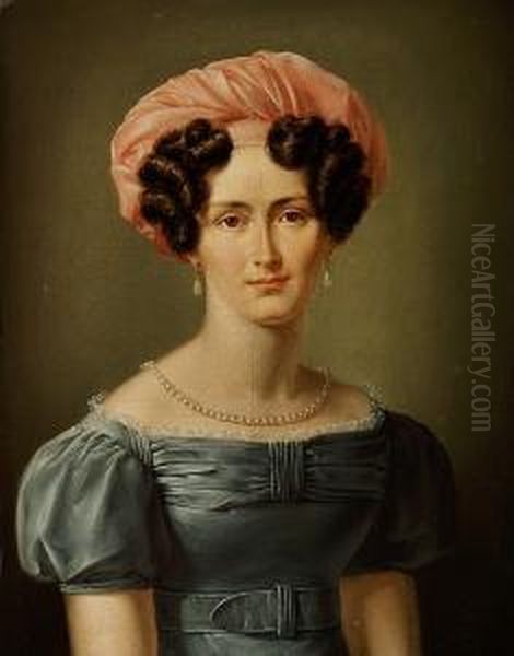 A Portrait Of A Woman With Pink Headgear, A Grey Blue Dress And A White String Of Pearls Oil Painting by C. A. Jensen