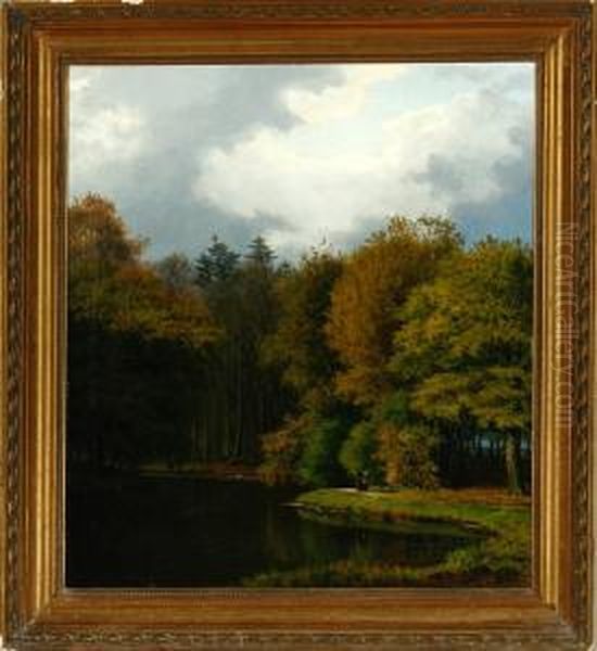 Forest Scenery With A Recently 
Engaged Couple Walking At The Shore. Signed With A Monogram Oil Painting by Edvard Michael Jensen