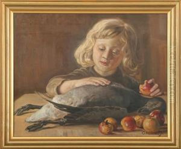 The Artists Son Caress A Duck Oil Painting by Gabriel Oluf Jensen