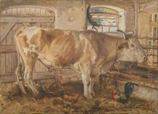 Interior From A Cowbarn Oil Painting by Gabriel Oluf Jensen