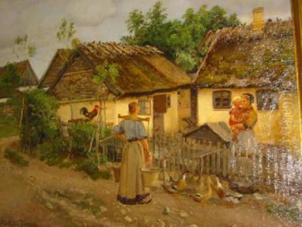 Figures Before A Cottage Oil Painting by Gabriel Oluf Jensen