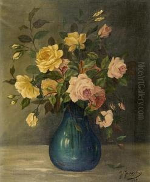 Still Life Of Roses In A Vase Oil Painting by Johannes Jensen