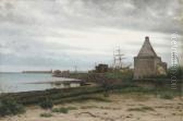 A Tranquil Port Oil Painting by Louis Isak Napoleon Jensen