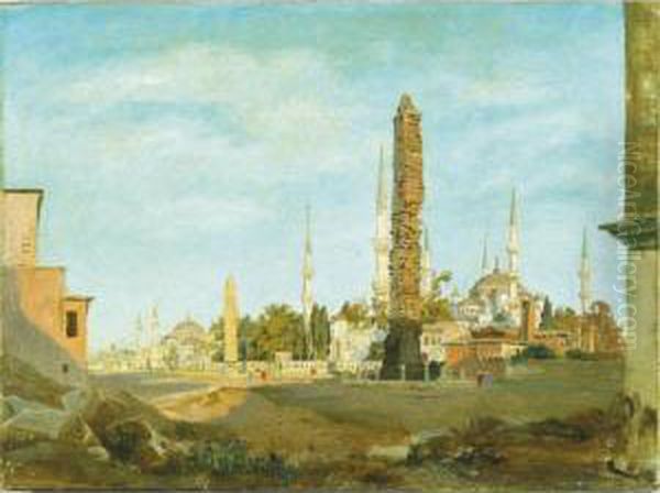 The Brazen Column And Egyptian Obelisk, The Blue Mosque And Haghia Sophia Beyond Oil Painting by Harald Jerichau