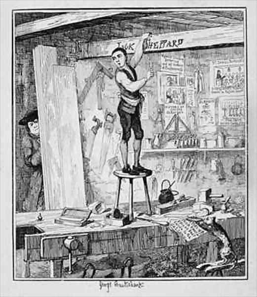 Jack carves his name on a beam in the shop of his former employer Oil Painting by George Cruikshank I