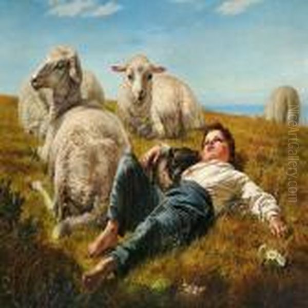 Danish Shepherd With Dog And Sheep Oil Painting by Anna Maria Elisabeth Jerichau-Baumann