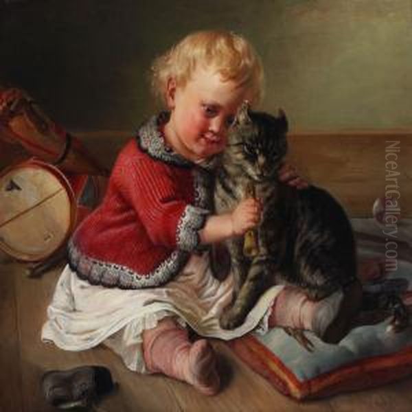 A Fair-haired Girl Playing With Her Cat Oil Painting by Anna Maria Elisabeth Jerichau-Baumann