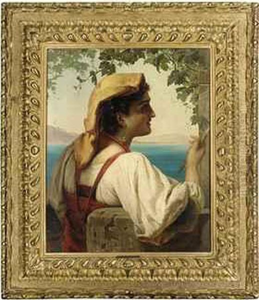 An Italian Maiden Mending Nets On The Bay Of Naples, Vesuvius Beyond Oil Painting by Anna Maria Elisabeth Jerichau-Baumann