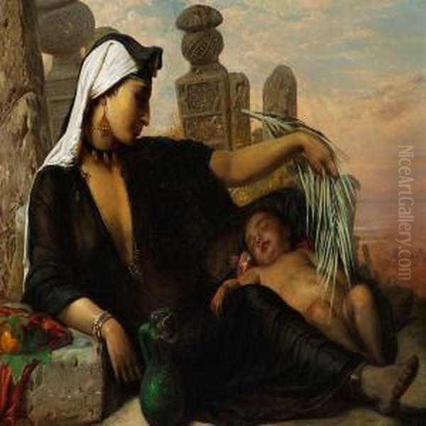 A Fellah Woman And Her Baby Are Taking A Rest In The Midday Heat Oil Painting by Anna Maria Elisabeth Jerichau-Baumann