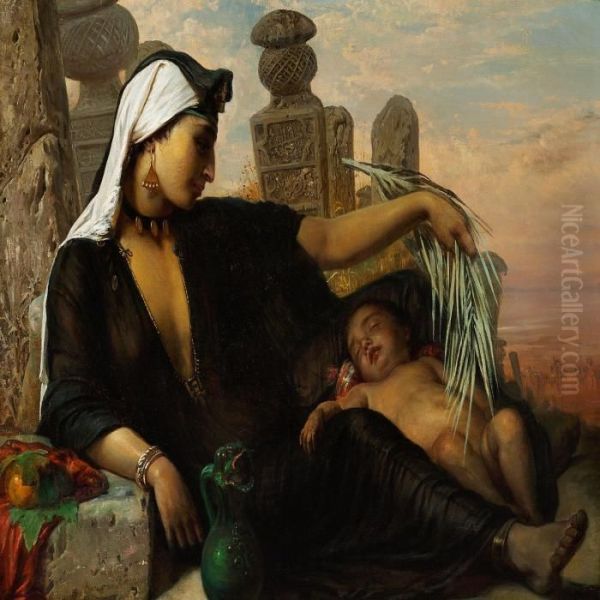 A Fellah Woman And Her Baby Are Taking A Rest In The Midday Heat Oil Painting by Anna Maria Elisabeth Jerichau-Baumann