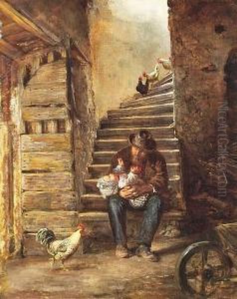 An Elderly Man With A Small Child In The Staircase Oil Painting by Anna Maria Elisabeth Jerichau-Baumann