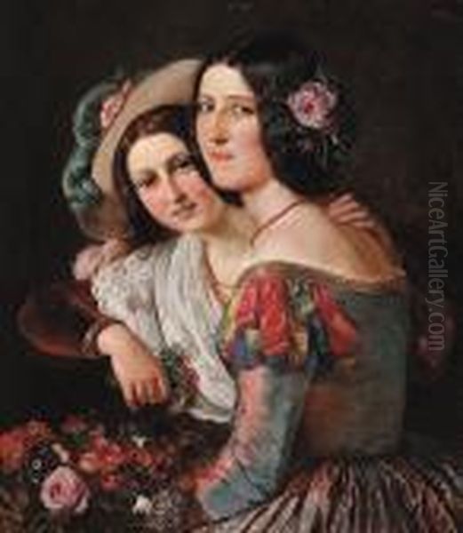 Two Italian Girls In Colourful Dresses Oil Painting by Anna Maria Elisabeth Jerichau-Baumann