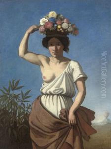 A Pompeiian Beauty Carrying Fruit Oil Painting by August Jernberg