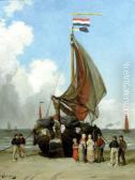 Fishing Boat On The Shore With Figures Standingaround Oil Painting by August Jernberg