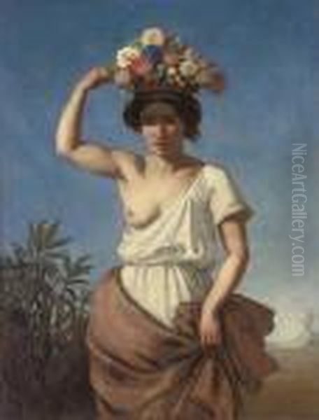 An Italian Maiden, Vesuvius Beyond Oil Painting by August Jernberg